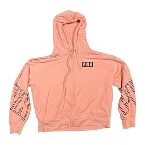 Pink Victoria Secret Womens Peach Full Zip Cropped Hoodie Logo Graphic